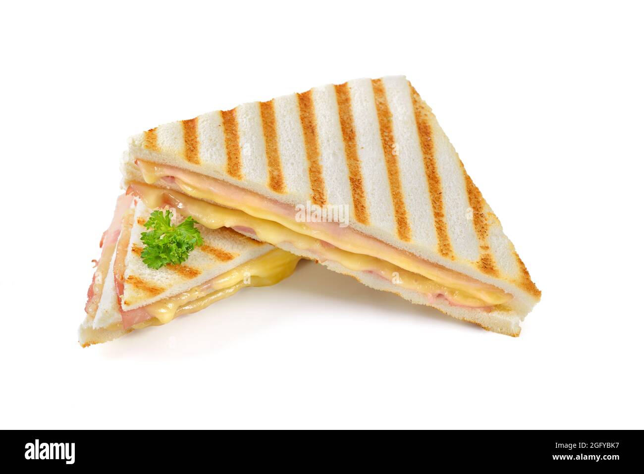 Double sandwich pressé et grillé avec jambon et fromage sur fond blanc Banque D'Images