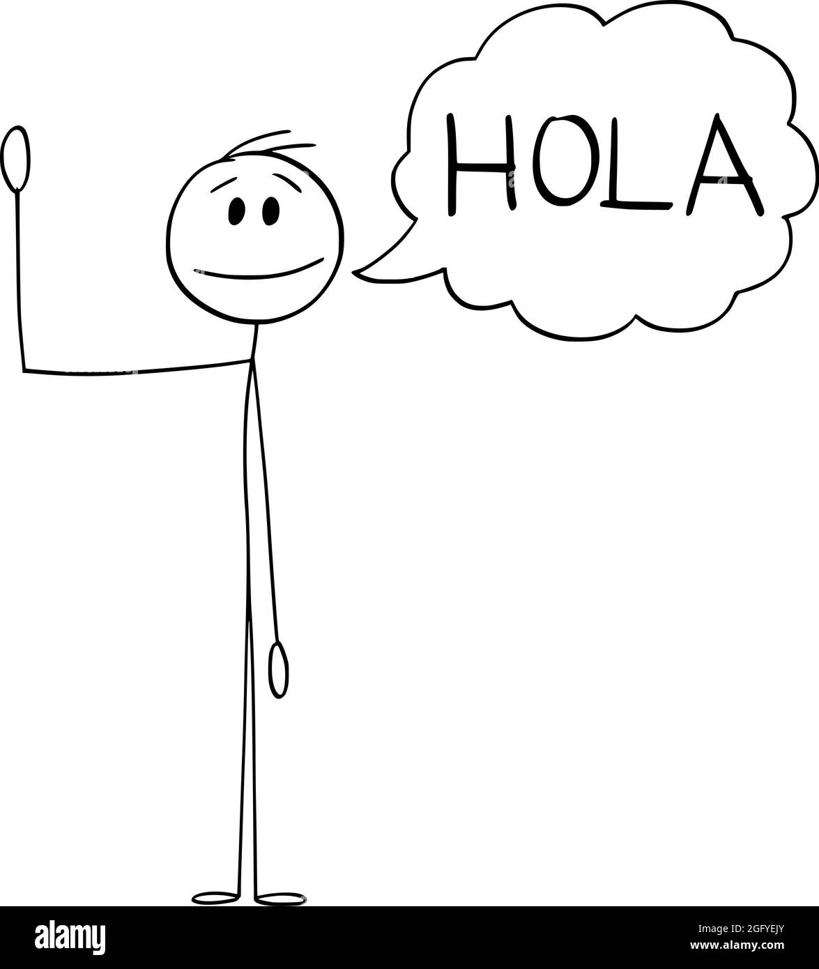 Personne ou homme agitant sa main et disant Hola de salutation en espagnol , Vector Cartoon Stick Figure Illustration Illustration de Vecteur