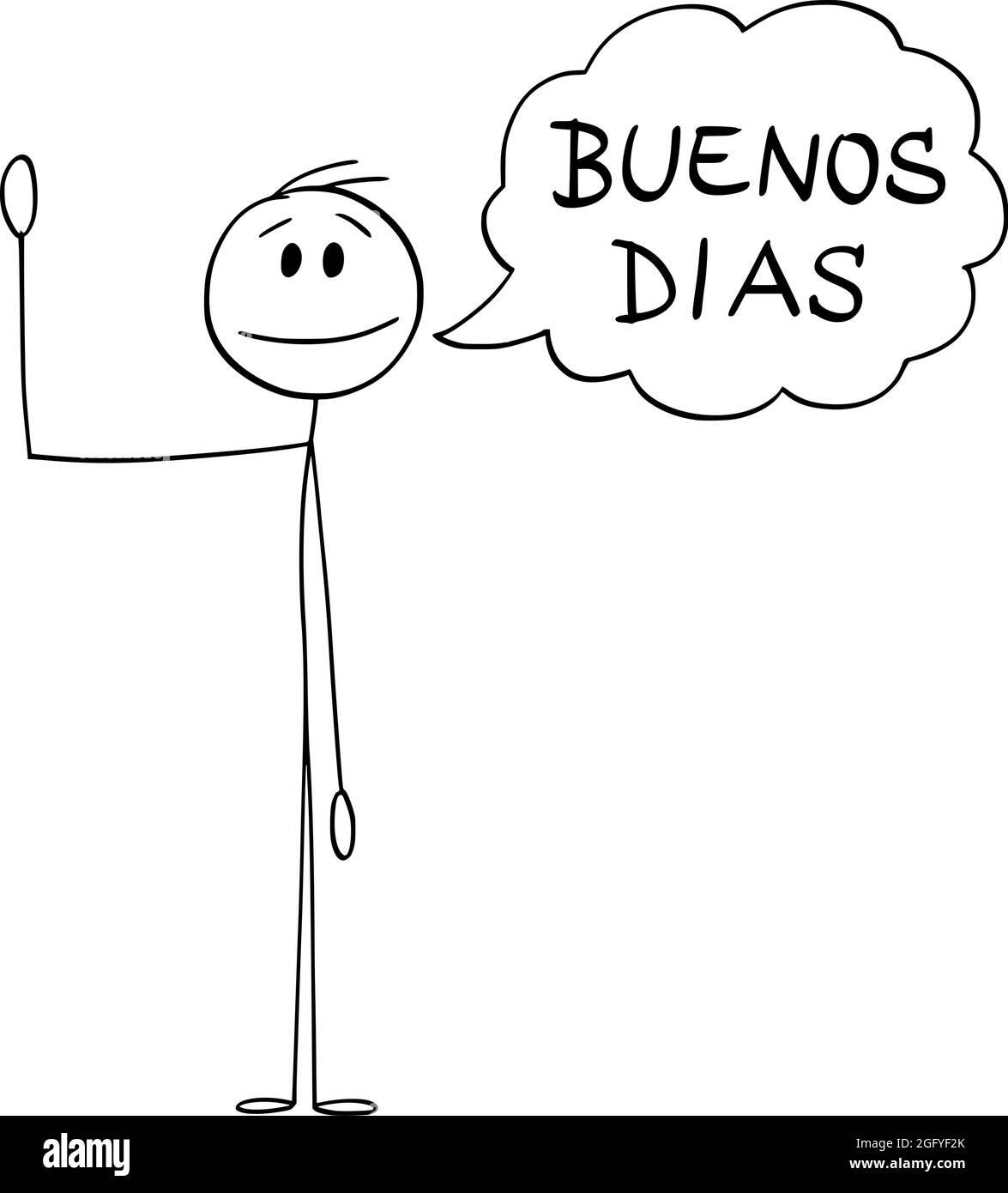 Personne ou Homme agitant sa main et en disant salutation Buenos Dias en espagnol , Vector Cartoon Stick Figure Illustration Illustration de Vecteur
