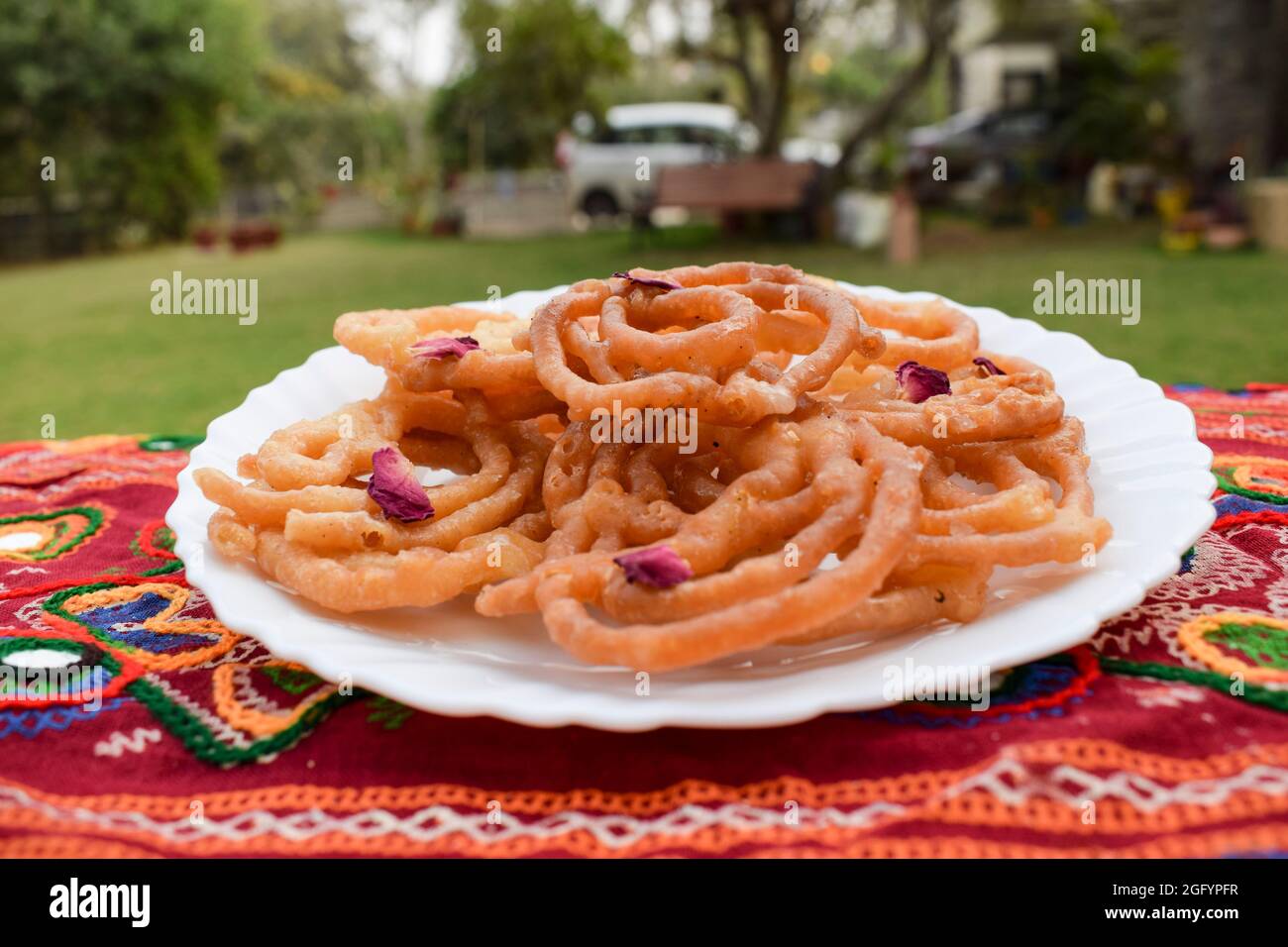 Plat sucré populaire et traditionnel, Jalebi ou Zulbia, frits en ghee, décorés de pétales de rose dans un cadre festif authentique avec nature extérieure Banque D'Images