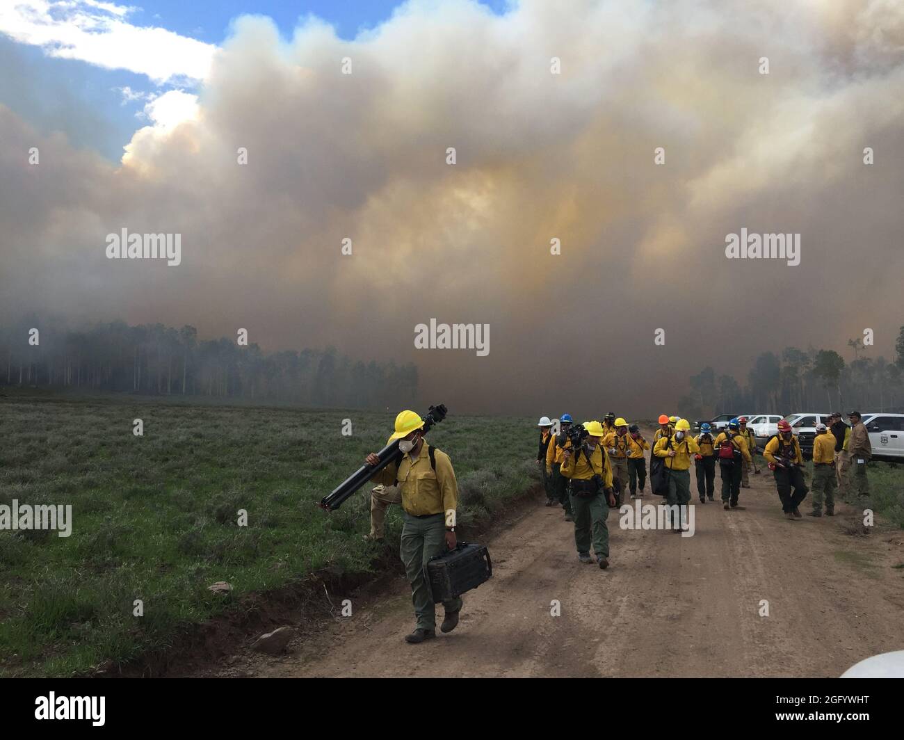 Forest Service, chercheurs de l'USDA se déplaçant pour sortir de la fumée lourde. (Photo du service forestier par Jill Ivie) Banque D'Images