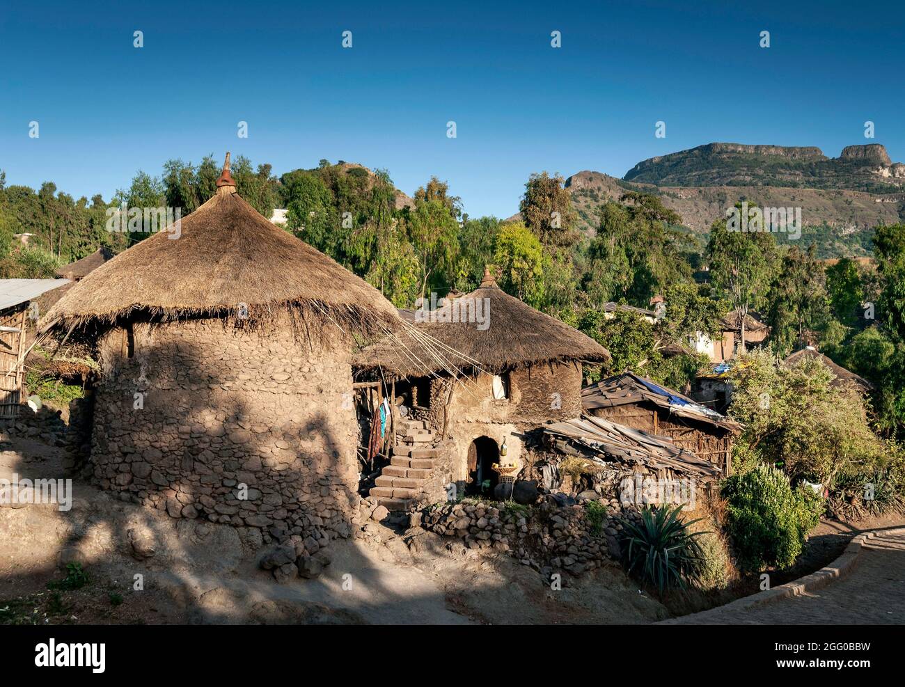 vue sur les maisons traditionnelles de tukul éthiopiennes circulaires dans le village hadish adi de lalibela ethiopie Banque D'Images
