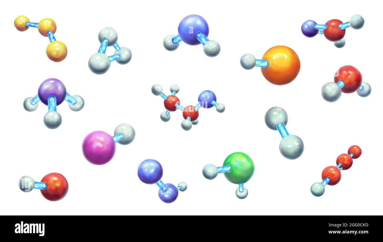 Assortiment de molécules, illustration. Rangée supérieure de gauche à droite : S3-, H3+, H2O, ArH+, CH2O. Rangée centrale de gauche à droite : NH3, HEH+, éthanol, CO2. Rangée inférieure de gauche à droite : CH+, HO2, H2Cl+, C3H+. Banque D'Images