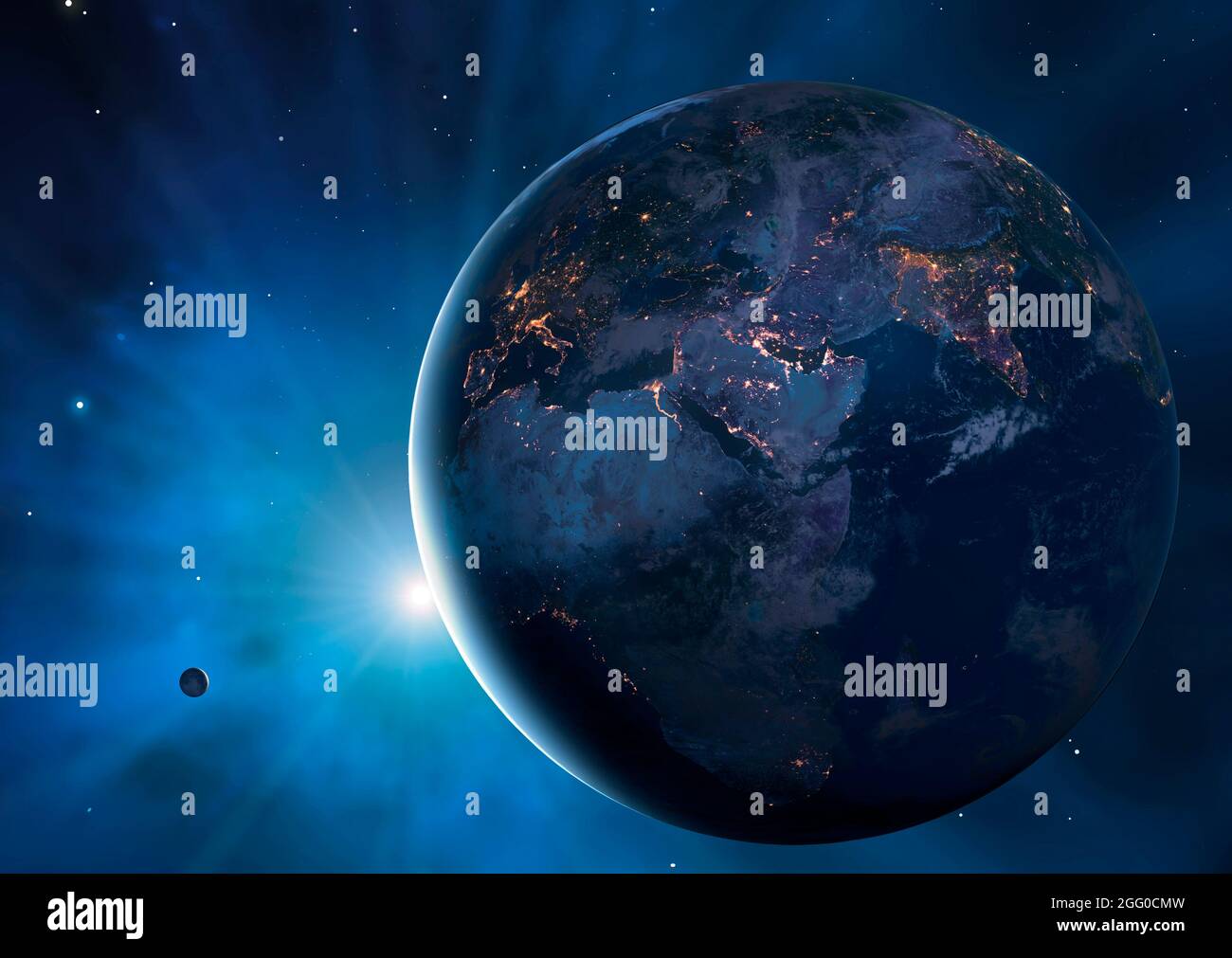 Illustration de la Terre et de la Lune montrant une grande proportion de la planète dans l'obscurité. Les villes sont vues à l'écoute, définissant les bords des continents. Cette vue montre l'Europe, l'Asie et l'Afrique.la Lune est sur la gauche. Banque D'Images