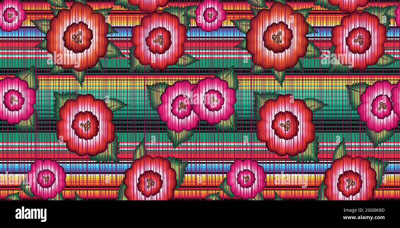 Sans couture Banner Mexique motif fleuri brodé, ethnique coloré fleurs indigènes folk mode design. Broderie style textile traditionnel du Mexique Illustration de Vecteur