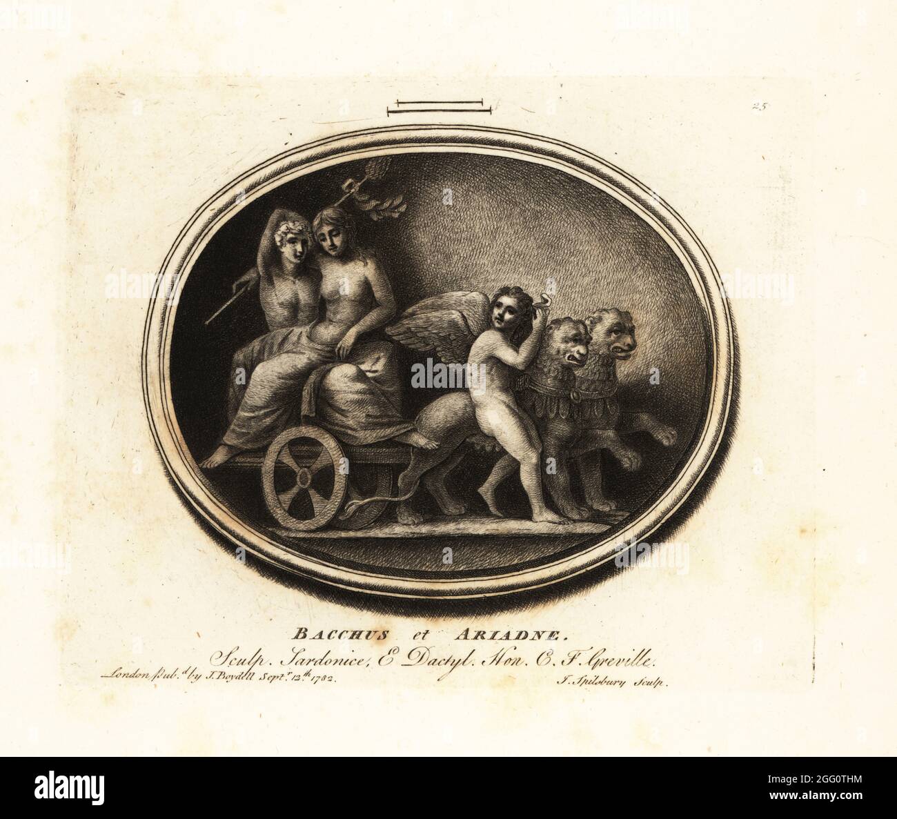 Ariadne se trouve dans un char dessiné par deux cheetahs aidés sur l'île de Naxos. Bacchus, dieu romain du vin, avec son thyrse (personnel de pinède) la soutient. Gravé sur sardonyx et dactylotheca de la collection de l'antiquaire Charles Francis Greville. Mezzotint gravure de plaques de copperplate par John Spilsbury de sa Collection de Fifty Prints de Antique Gems, John Boydell, Londres, 1785. Banque D'Images