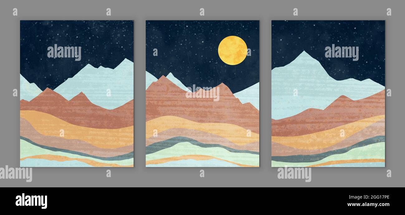 Paysages de montagnes abstraits, reproductions murales d'art abstrait ou illustration de la décoration d'intérieur, étoiles dans le ciel de nuit avec pleine lune au-dessus des sommets de montagne avec grunge Banque D'Images