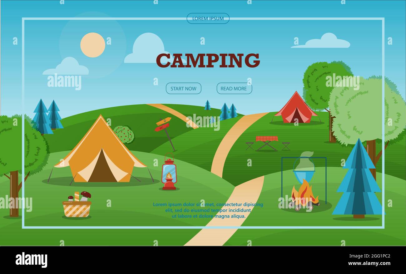 Camping aventure vecteur de temps illustration bannière avec équipement plat pour la randonnée Cartoon Flayer. Illustration de Vecteur