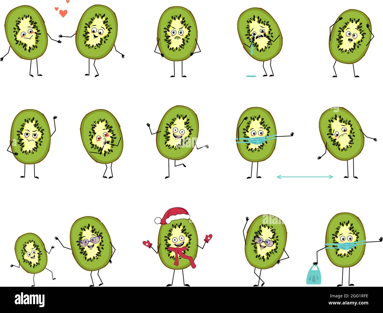 Ensemble de personnages kiwis avec des émotions, le visage, les bras et les jambes. Joyeux ou triste fruit exotique tombe amoureux, garde la distance dans un masque, danse dans un chapeau de Père Noël Illustration de Vecteur