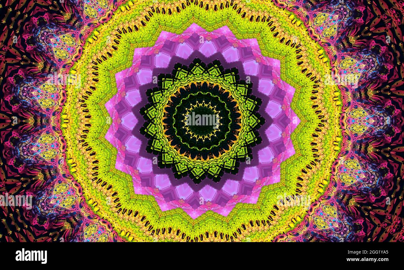 Arrière-plan abstrait vert clair, feuilles vertes en forme de coeur avec effet kaléidoscope. Banque D'Images