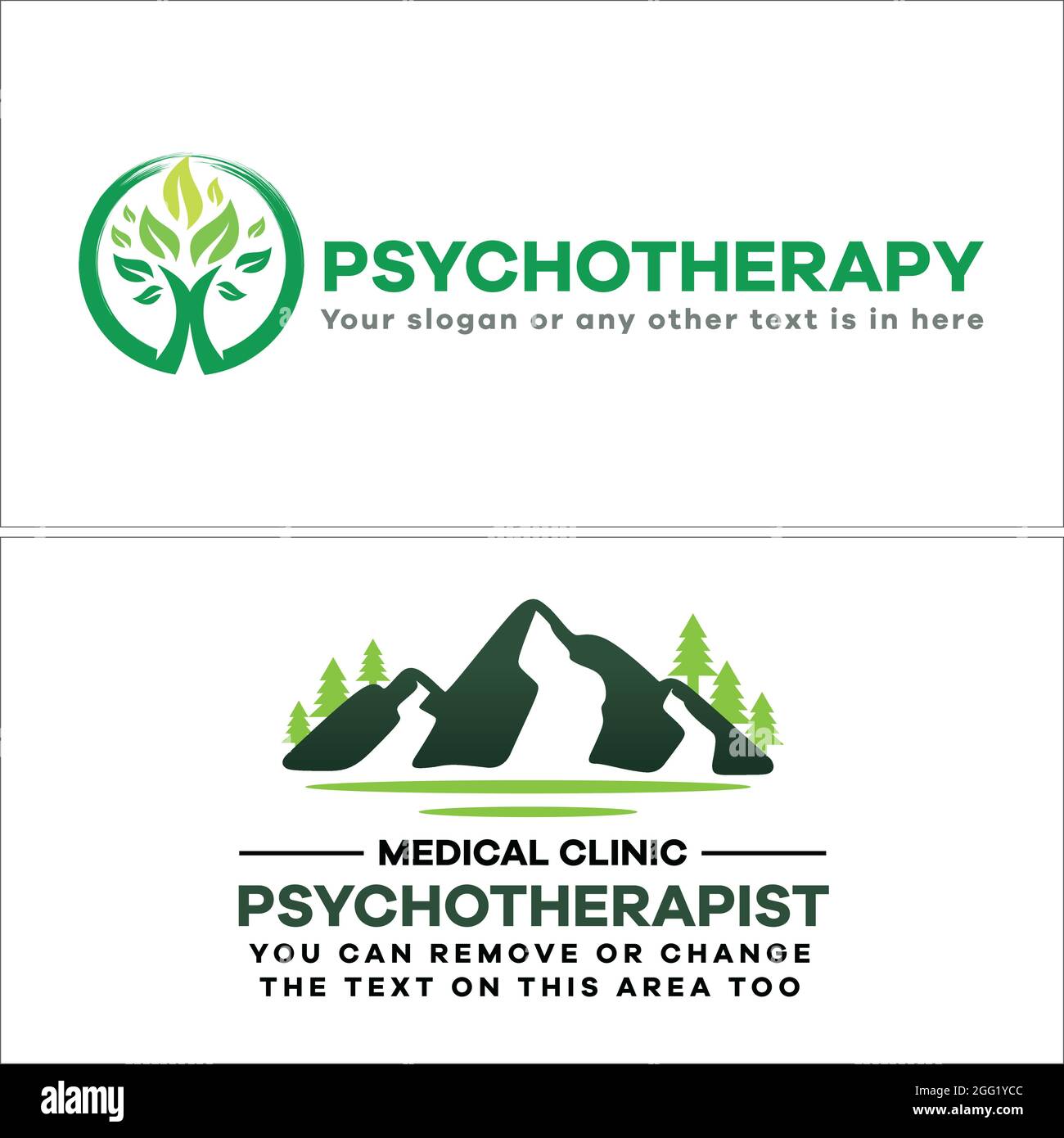 Psychothérapeute avec des feuilles d'arbre vert et la nature de montagne logo extérieur Illustration de Vecteur