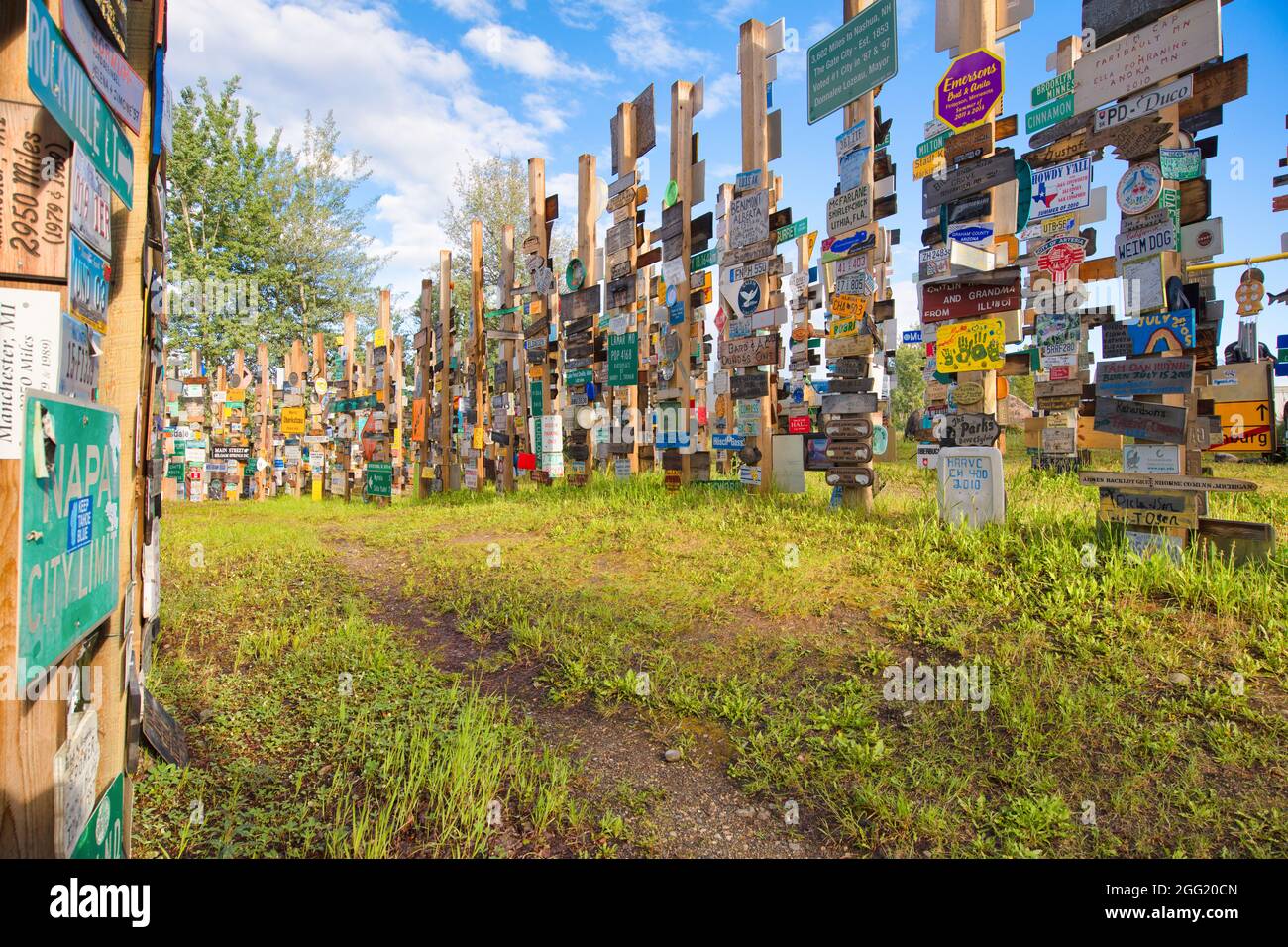 Signez Post Forest dans le canton de Watson Lake, Canada Banque D'Images