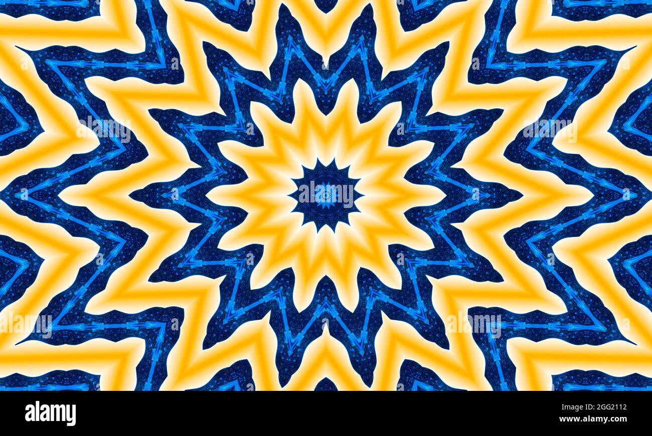 Fleur d'étoile de pêche de haute qualité sur fond bleu abstrait kaléidoscope. Belle texture kaléidoscope multicolore. Conception unique de kaléidoscope générique Banque D'Images