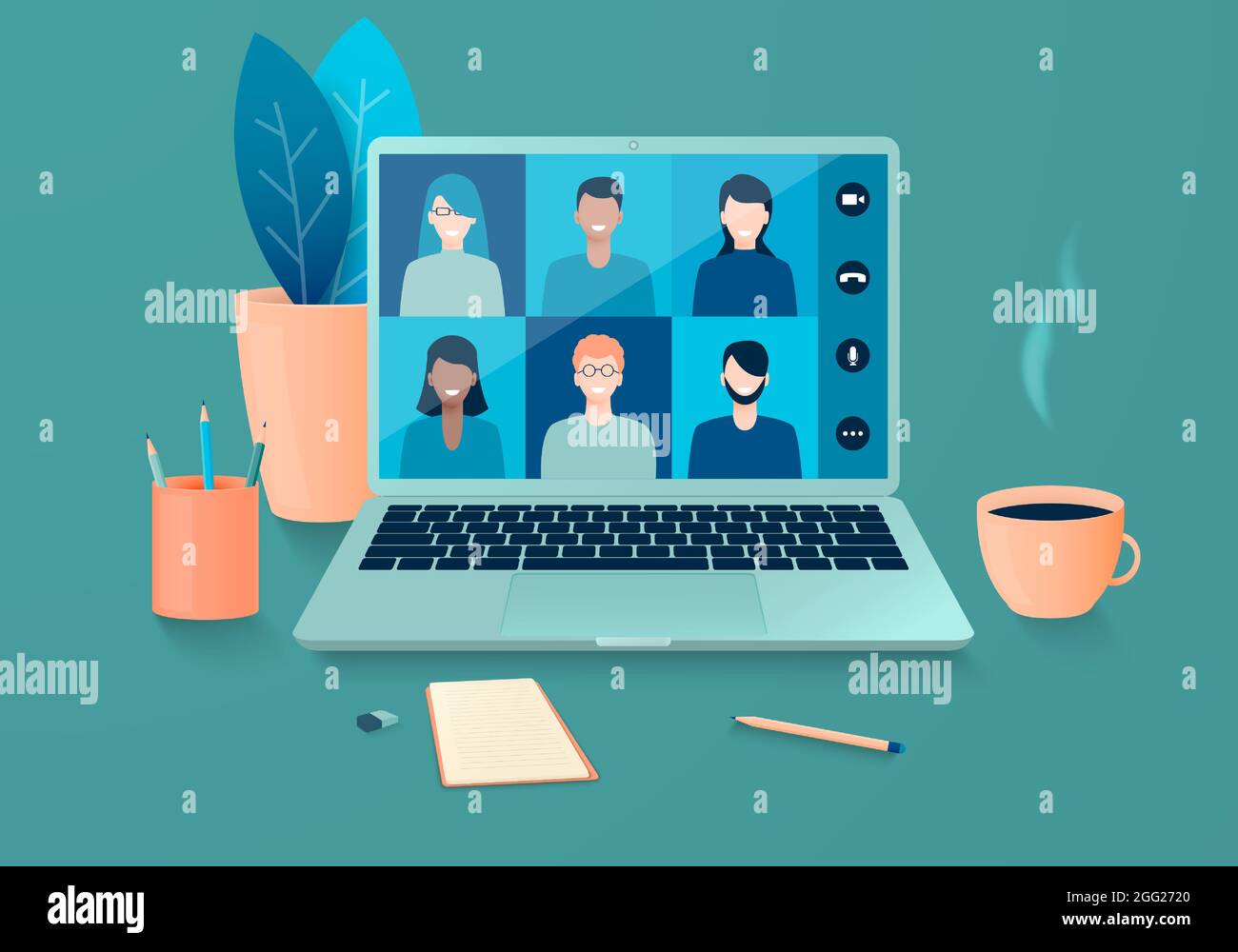 Réunion en ligne de personnes utilisant la visioconférence. Téléconférence et travail à distance depuis la maison ou n'importe où. Illustration vectorielle. Illustration de Vecteur