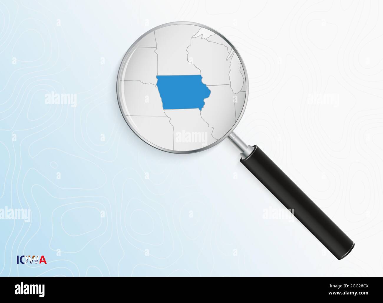 Loupe avec carte de l'Iowa sur fond topographique abstrait. Carte vectorielle. Illustration de Vecteur