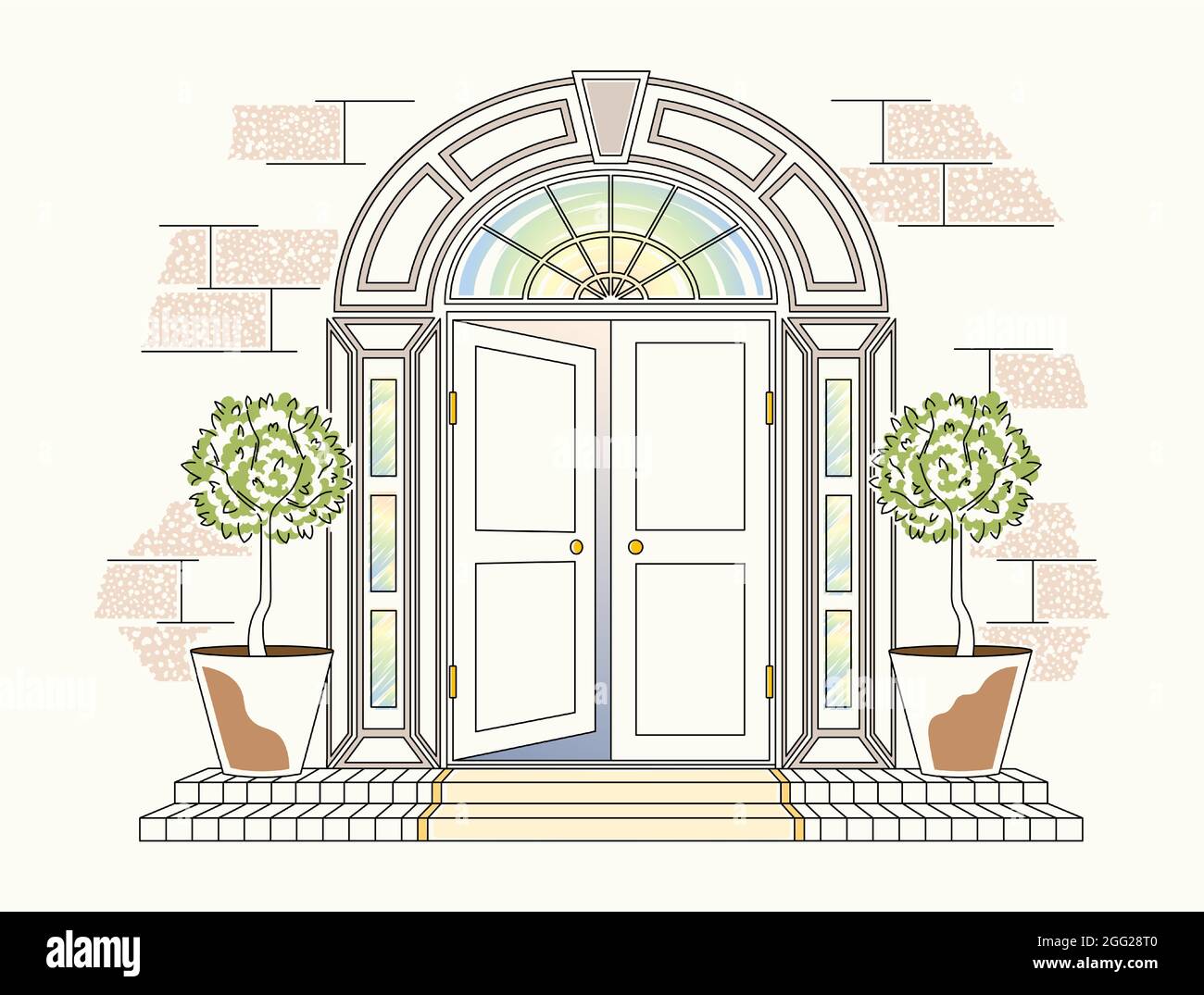 L'entrée de la maison magique est réservée aux dessins d'art. Une porte en vitraux, marches Illustration de Vecteur