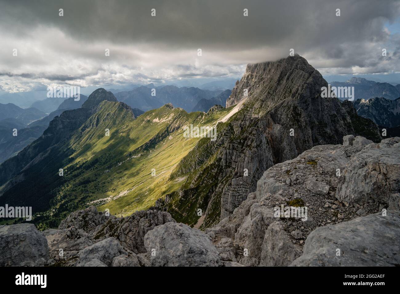 Le haut plateau de Montasio avec des pâturages verts en été et les Alpes juliennes (Jod di Montasio). Udine, Friuli Venezia Giulia, Italie, Europe Banque D'Images