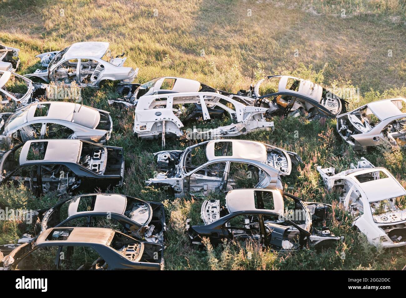 Décharge de voiture. Vieux véhicules rouillés brisés qui traînent sur l'herbe Banque D'Images