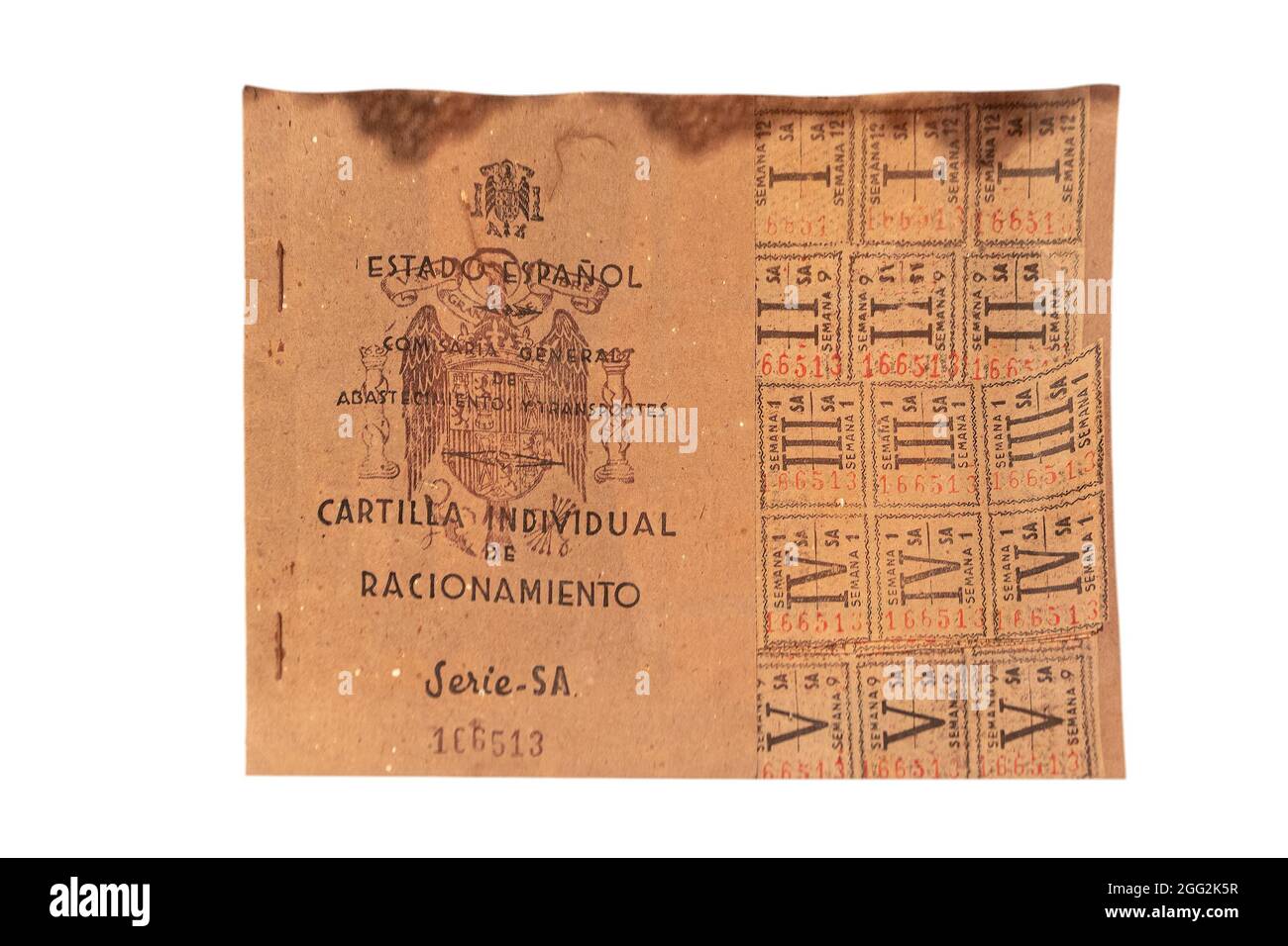 Salamanque, Espagne - 10 octobre 2017: Carte de rationnement espagnole avec coupons valables du 1939 au 1952 pendant la guerre civile espagnole.Photographie faite sur b blanc Banque D'Images