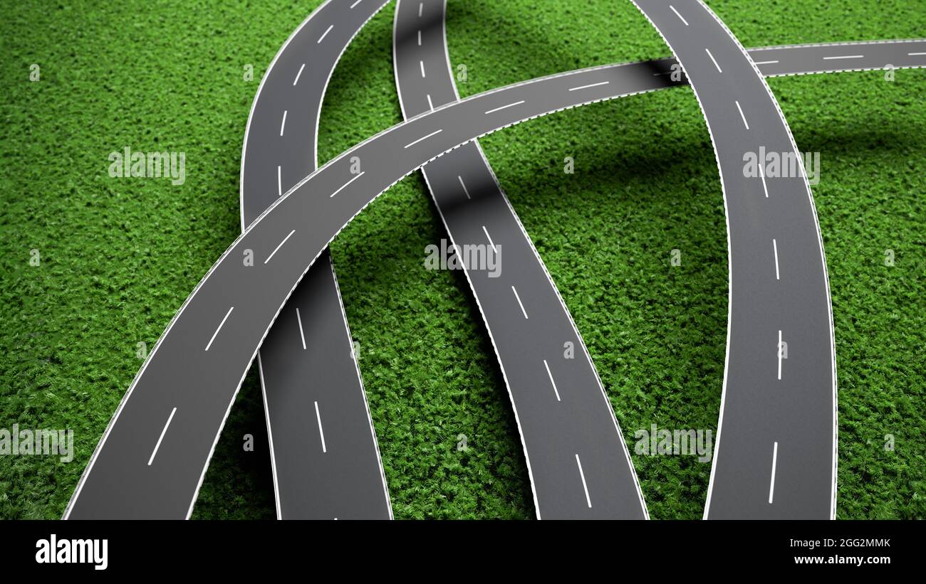 Quatre autoroutes à deux voies empilées les unes sur les autres et allant dans des directions différentes. le rendu 3d sur un arrière-plan vert se frotte. Banque D'Images