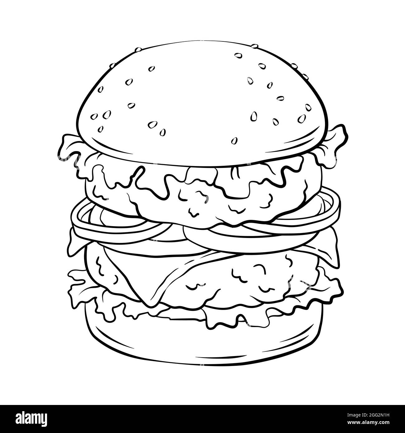 Double hamburger. Cheeseburger dessiné à la main, illustration du vecteur de restauration rapide. Illustration de Vecteur