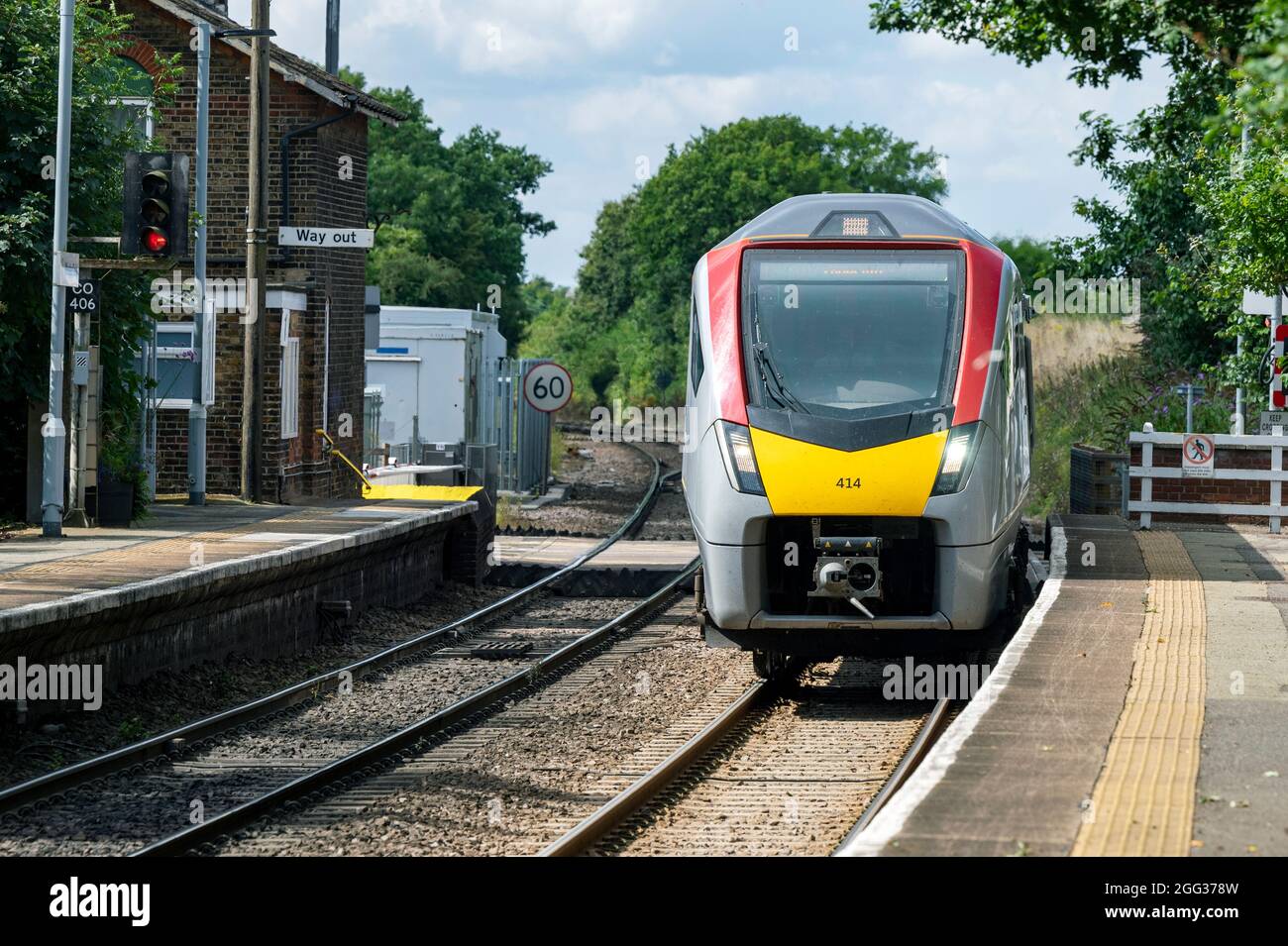 Train de voyageurs GreaterAnglia sur l'embranchement East Suffolk entre Ipswich et Lowestoft, Westerfield, Angleterre. Banque D'Images
