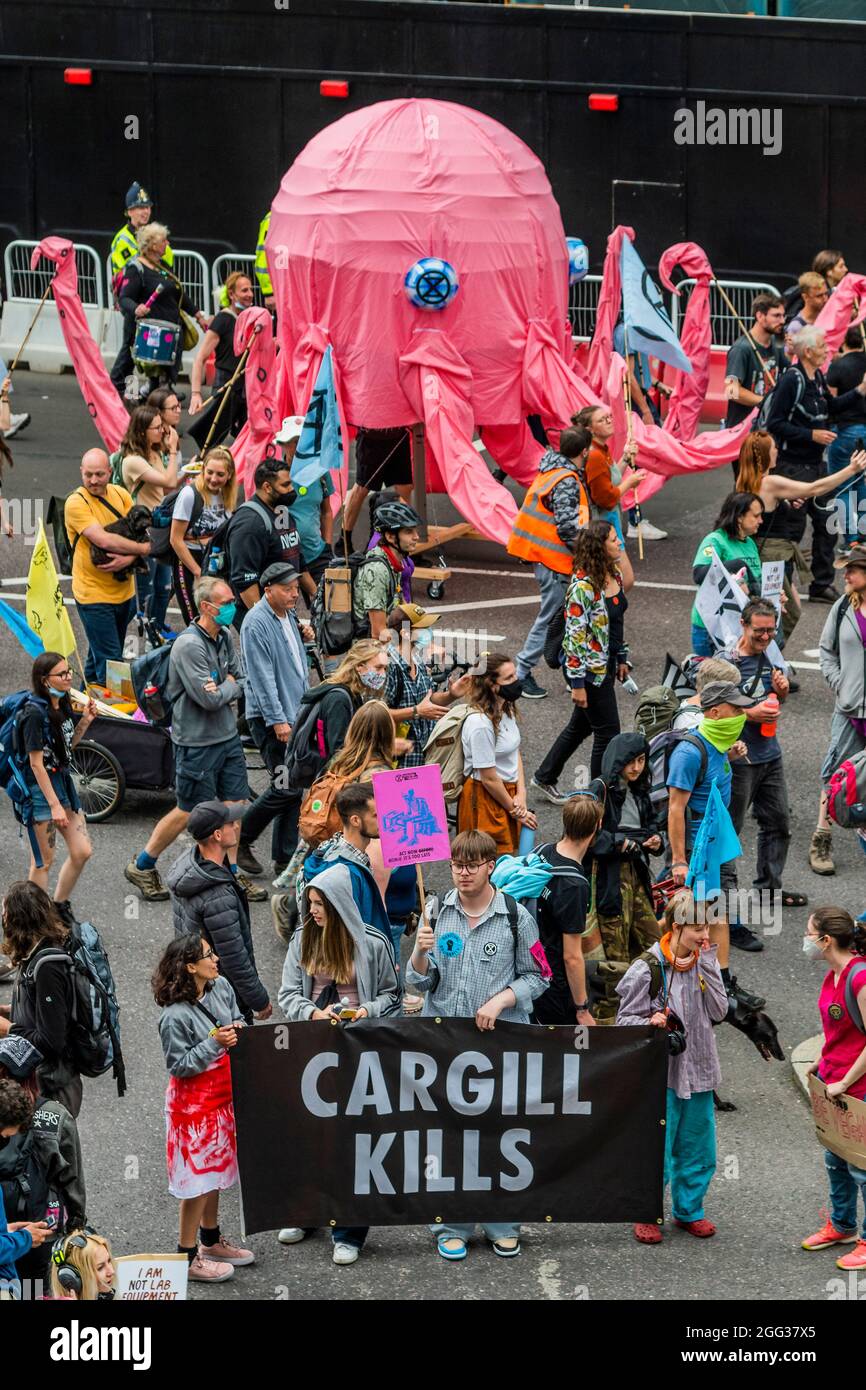 Londres, Royaume-Uni. 28 août 2021. La rébellion océanique et leur poulpe rose défilant vers les bureaux de Cargill - extinction la rébellion continue ses deux semaines avec une Marche des droits des animaux dans la ville, sous le nom de rébellion impossible. Il a commencé à la Banque et a fait le tour de divers bureaux de la ville. Crédit : Guy Bell/Alay Live News Banque D'Images