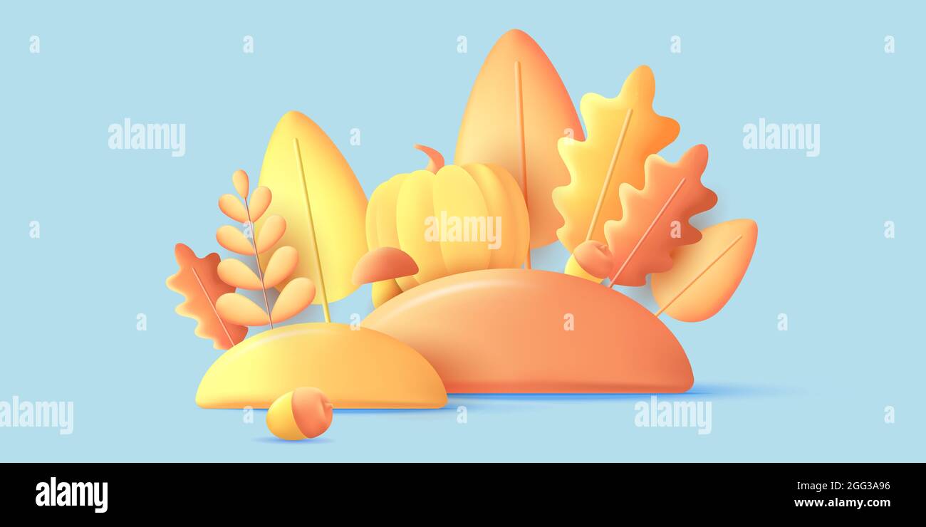 Composition automnale d'éléments graphiques 3d, rend l'illustration graphique moderne des feuilles, de la citrouille et de l'corne dans des couleurs jaunes sur fond bleu Illustration de Vecteur