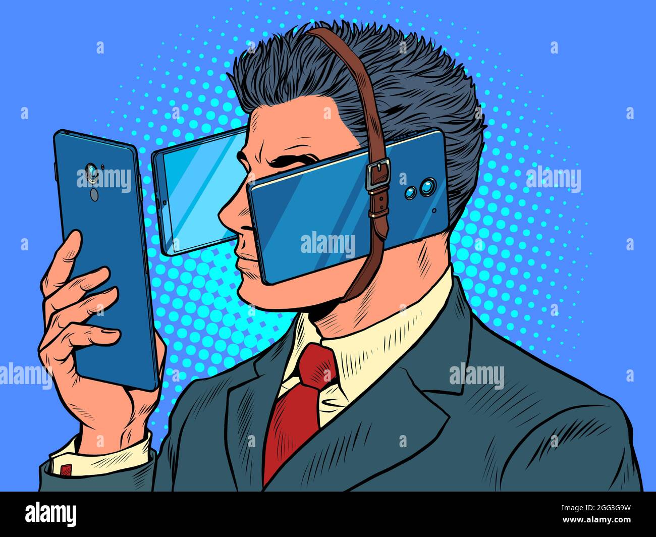 Réalité virtuelle Un homme d'affaires est passionné par les smartphones Illustration de Vecteur