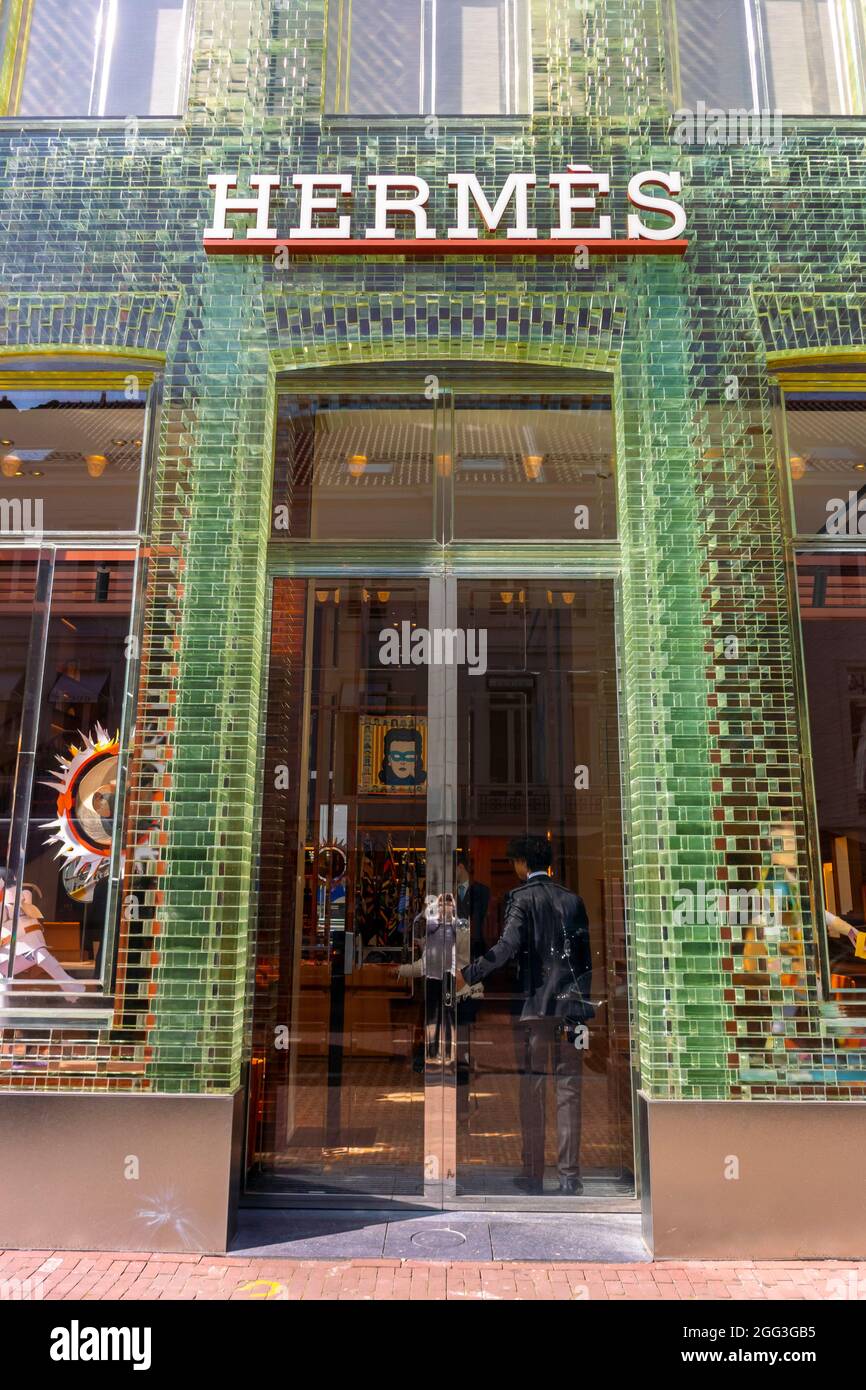 Amsterdam, Hollande, magasin de luxe Hermes, panneau, entrée Banque D'Images