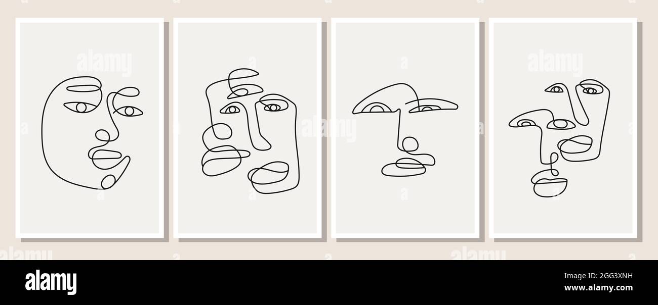 Une affiche avec un homme dessiné d'une ligne dans un style minimaliste élégant. Visage abstrait de la femme et de l'homme. Ensemble de silhouette de personnes. Illustration vectorielle Illustration de Vecteur