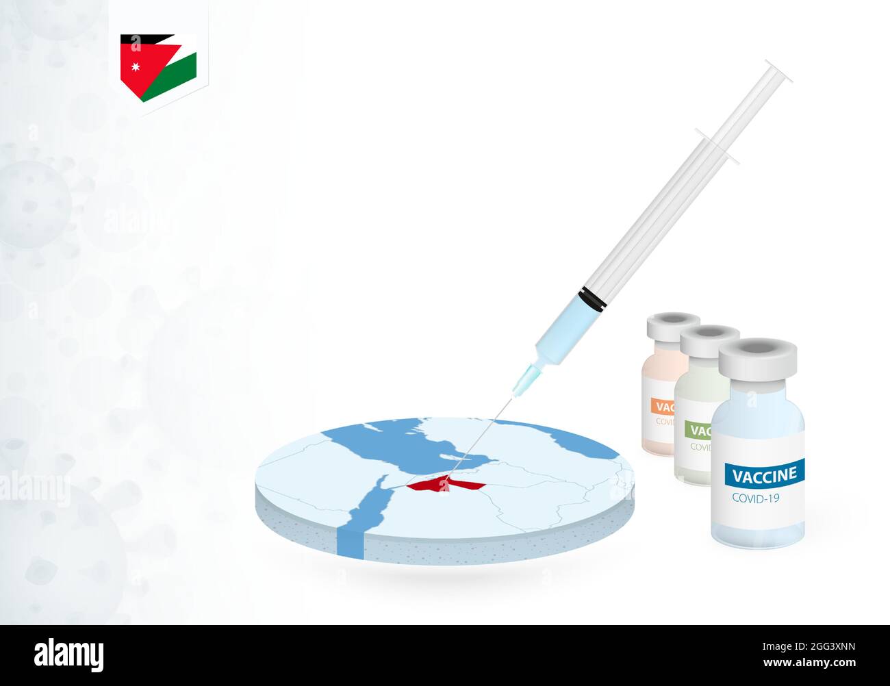 Vaccination en Jordanie avec différents types de vaccin COVID-19. Сoncept avec l'injection du vaccin dans la carte de Jordanie. Illustration vectorielle. Illustration de Vecteur