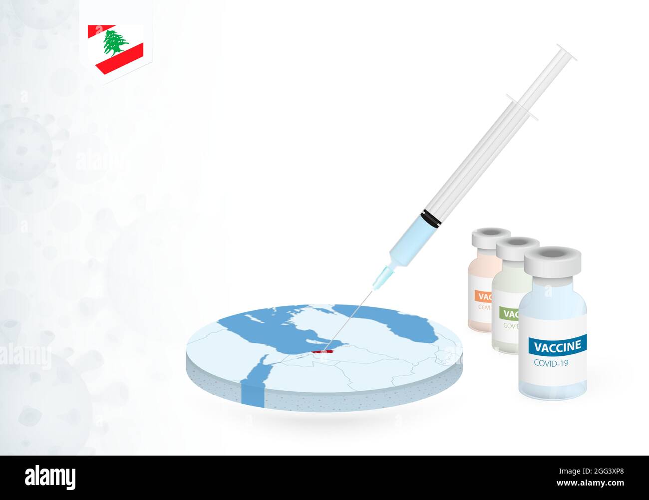 Vaccination au Liban avec différents types de vaccin COVID-19. Сoncept avec l'injection de vaccin dans la carte du Liban. Illustration vectorielle. Illustration de Vecteur
