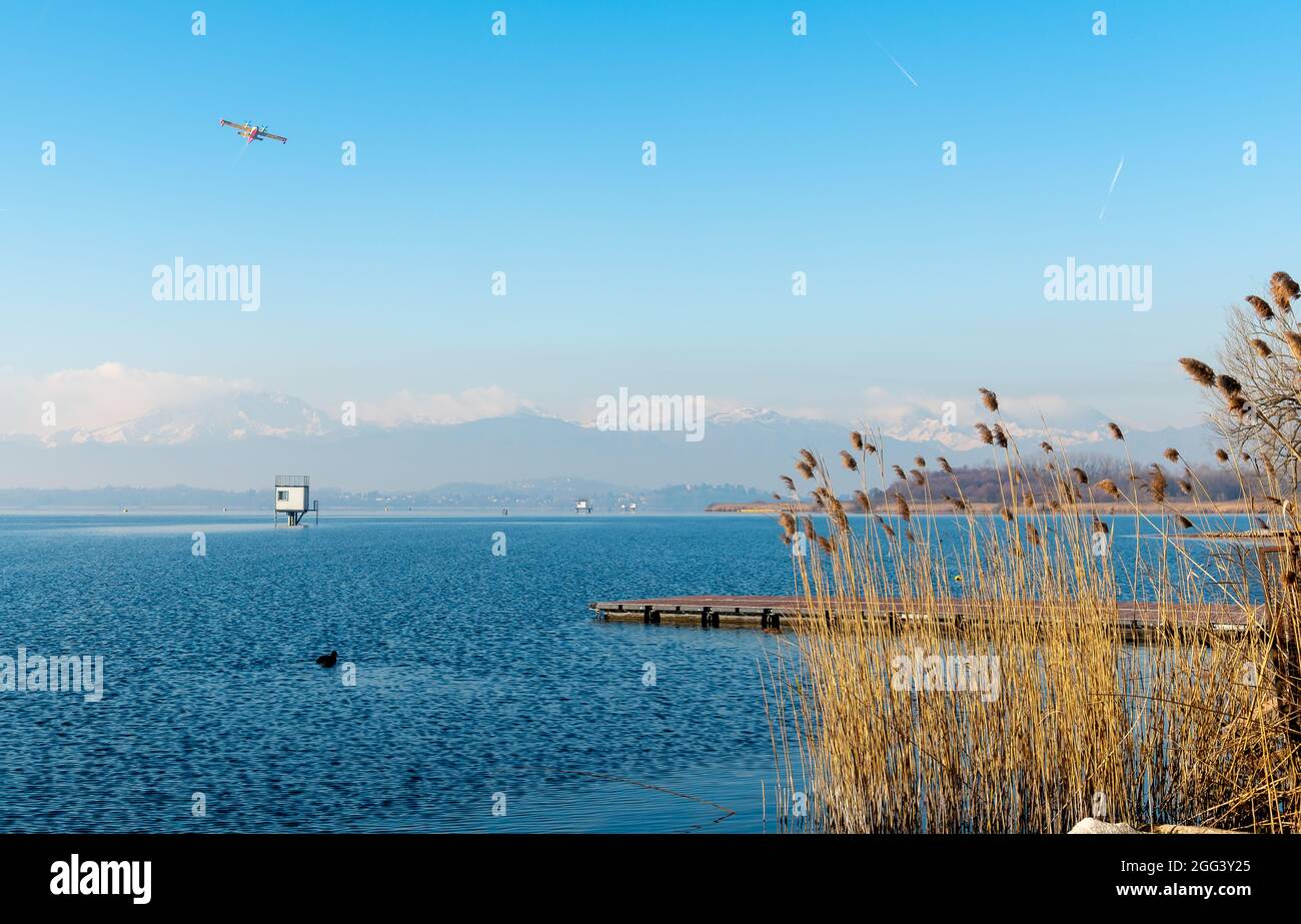 Paysage du lac Varèse par une journée d'hiver, avec l'avion survolant et les montagnes avec des sommets enneigés en arrière-plan. Banque D'Images