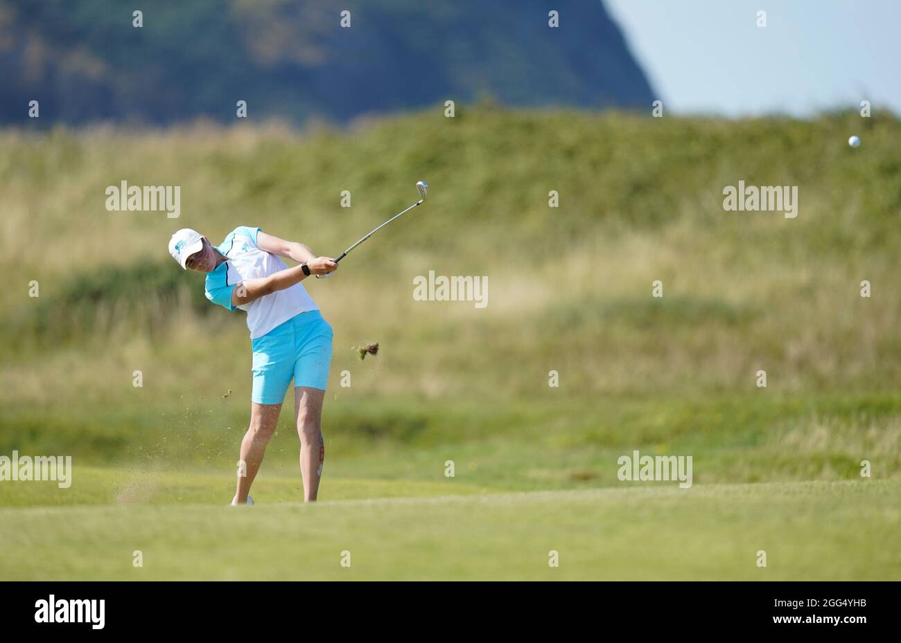 Hannah Darling, membre de l'équipe GB&I, joue sa deuxième place au 15e trou lors du Curtis Cup Day 3 2021 - Singles au Conwy Golf Club, Conwy, pays de Galles, le samedi, Banque D'Images