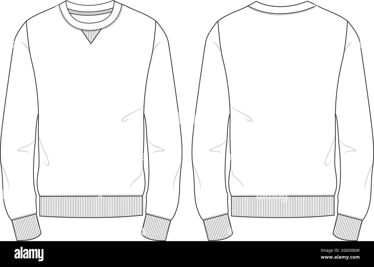 Coupe slim col rond manches longues Sweatshirt mode Flat Sketches dessin technique modèle vectoriel pour homme. Maquette de vêtement et de robe CAD. Illustration de Vecteur
