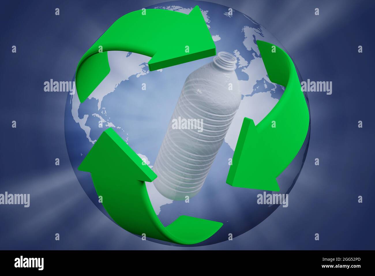 Illustration 3D. Écologie. Recyclage. Le symbole de recyclage tourne autour d'une bouteille en plastique. Banque D'Images