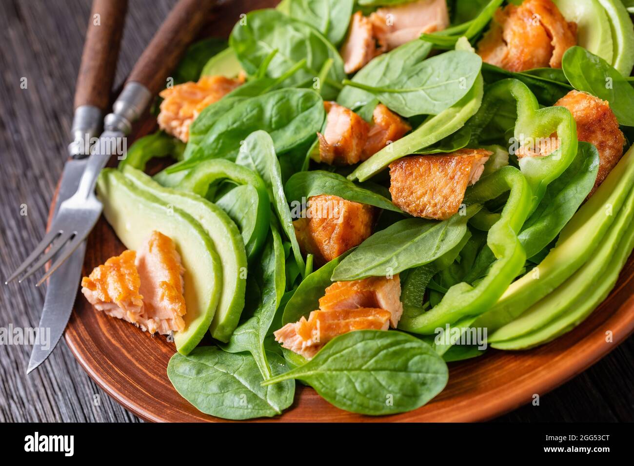 salade de saumon à l'avocat aux épinards et au poivre vert sur une assiette rustique brune avec fourchette et couteau sur une table en chêne tourbière, alimentation saine méditerranéenne, gros plan Banque D'Images