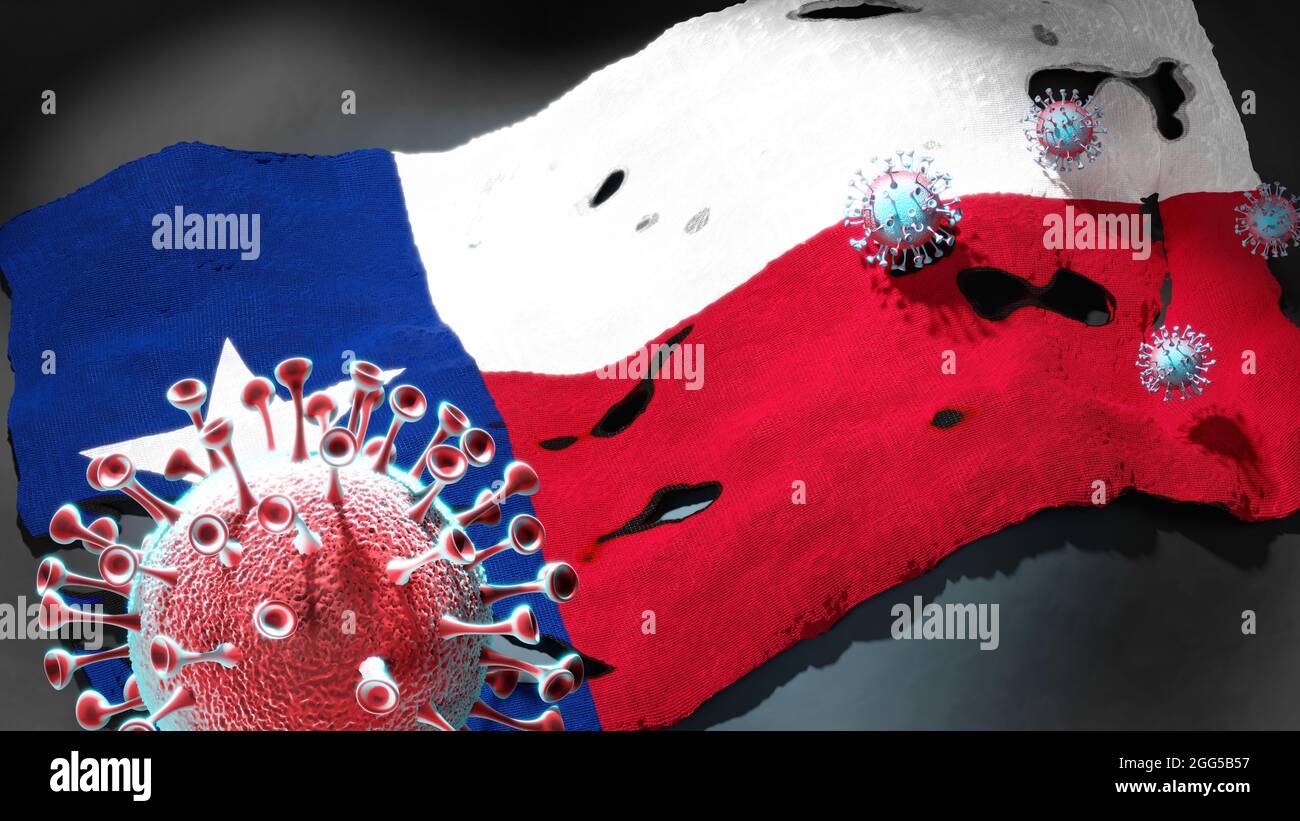 Covid au Texas - coronavirus attaquant un drapeau d'État du Texas comme symbole d'un combat et d'une lutte contre la pandémie de virus dans cet état, 3D illustrate Banque D'Images