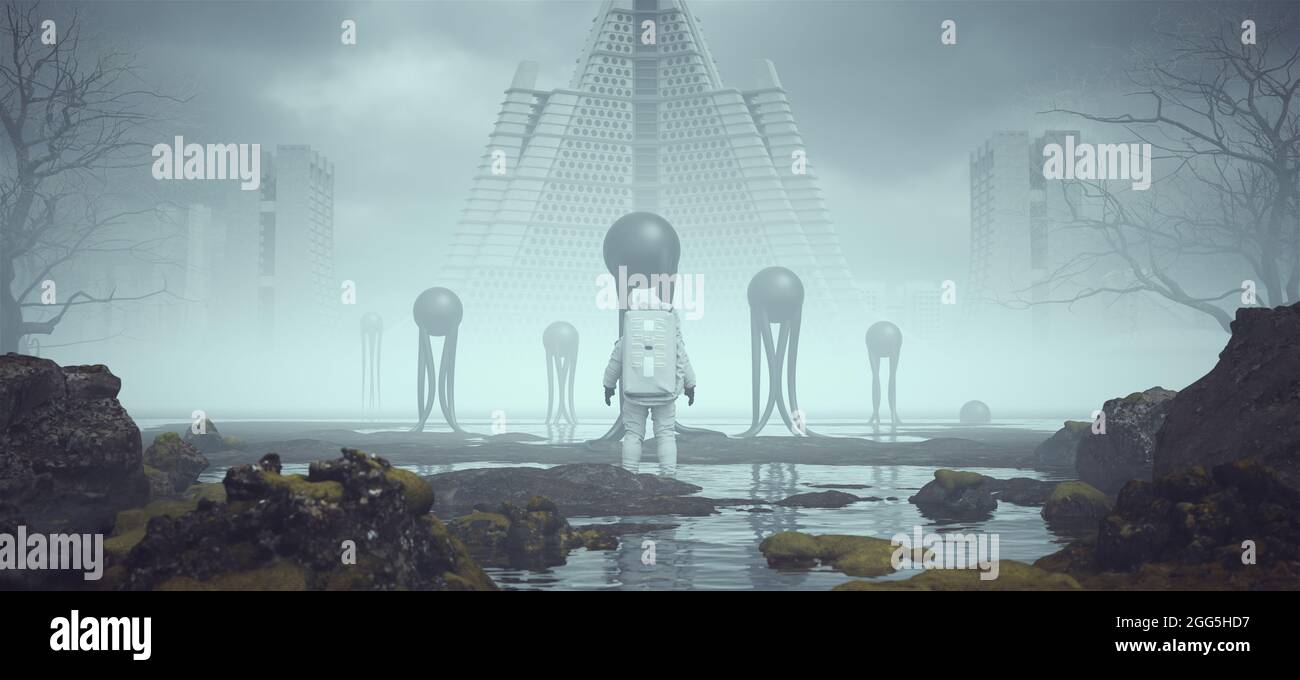 L'astronaute Alien Landscape Floating Aliens avec de longs tentacules près d'un Foggy a abandonné l'architecture de style Brutaliste dans la distance 3d illustration rend Banque D'Images