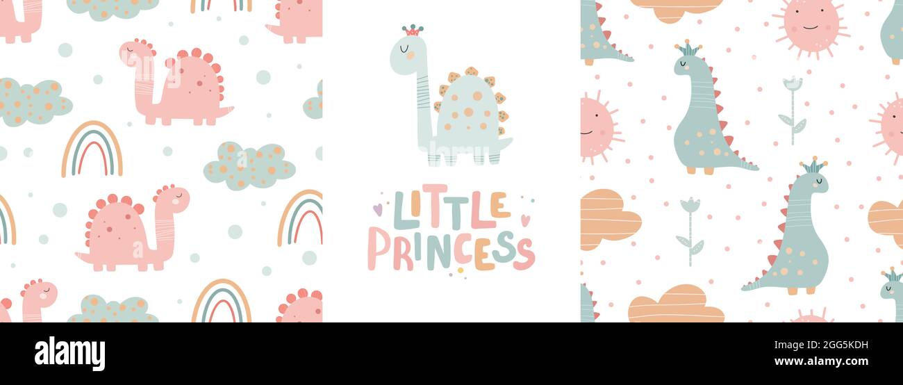 Ensemble de motifs et de lettres sans couture à motif dinosaure mignon - petite princesse. Papier numérique. Imprimé puéril créatif pour tissus, emballages, textiles, papiers peints, Illustration de Vecteur