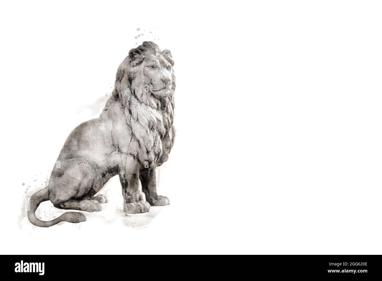 Lion. Statue, sculpture d'un lion isolée sur fond blanc avec espace de copie. Aquarelle, aquarelle. Banque D'Images