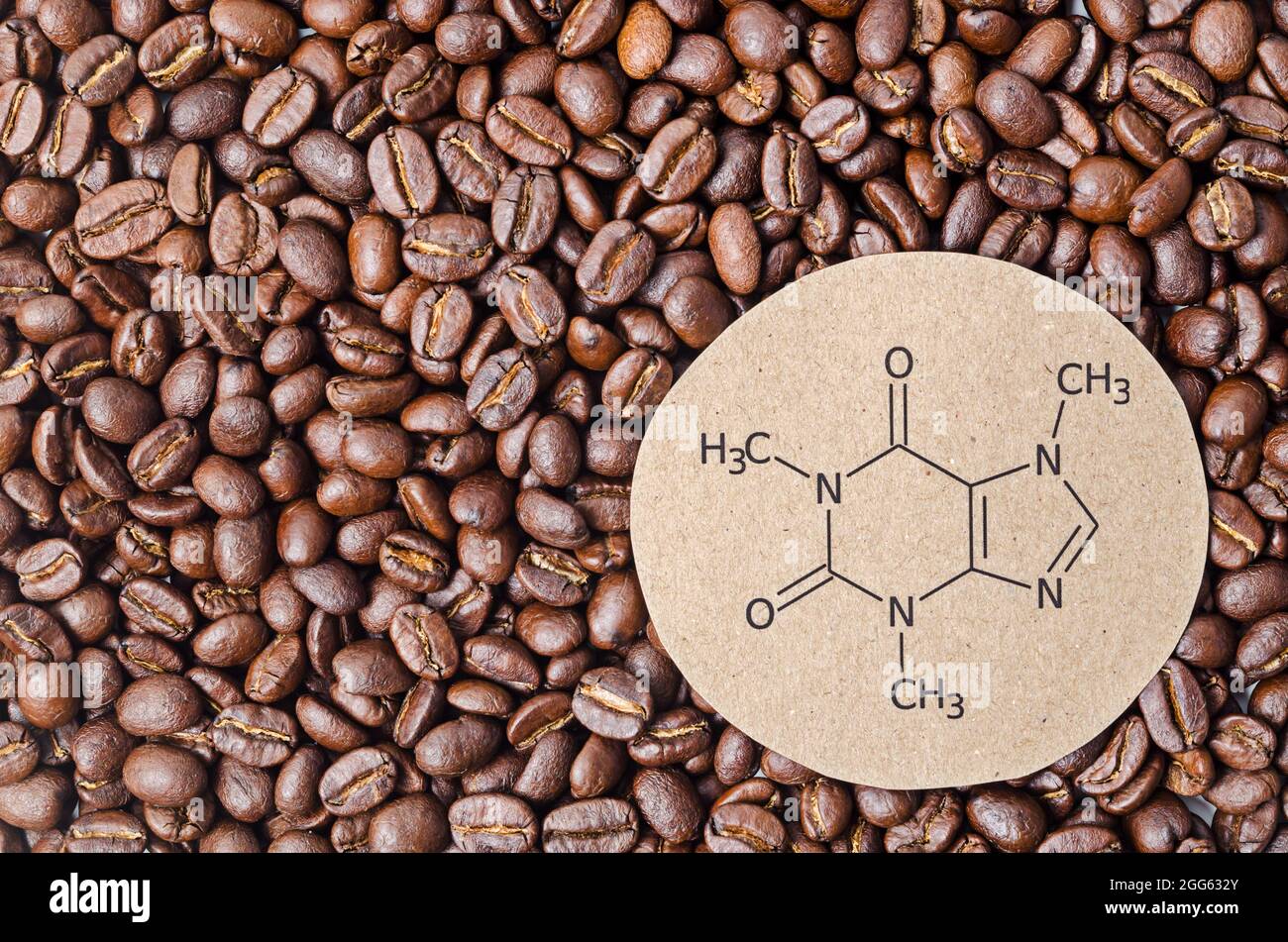 Formule chimique structurale de la molécule de caféine avec des grains de café torréfiés. La caféine est une molécule psychoactive de médicament stimulant le système nerveux central Banque D'Images