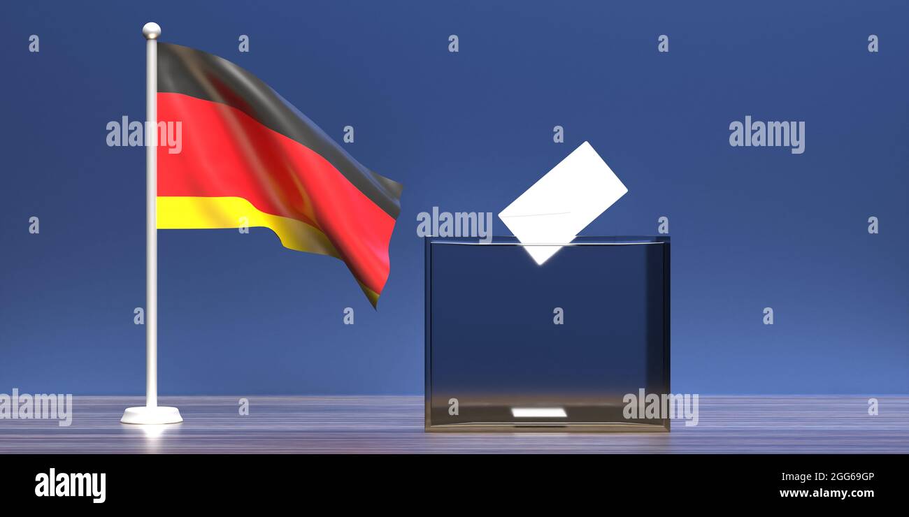 Allemagne Election 2021, enveloppe sur l'urne, vote pour élire les membres du Bundestag. Conteneur de vote transparent en verre et national allemand Banque D'Images