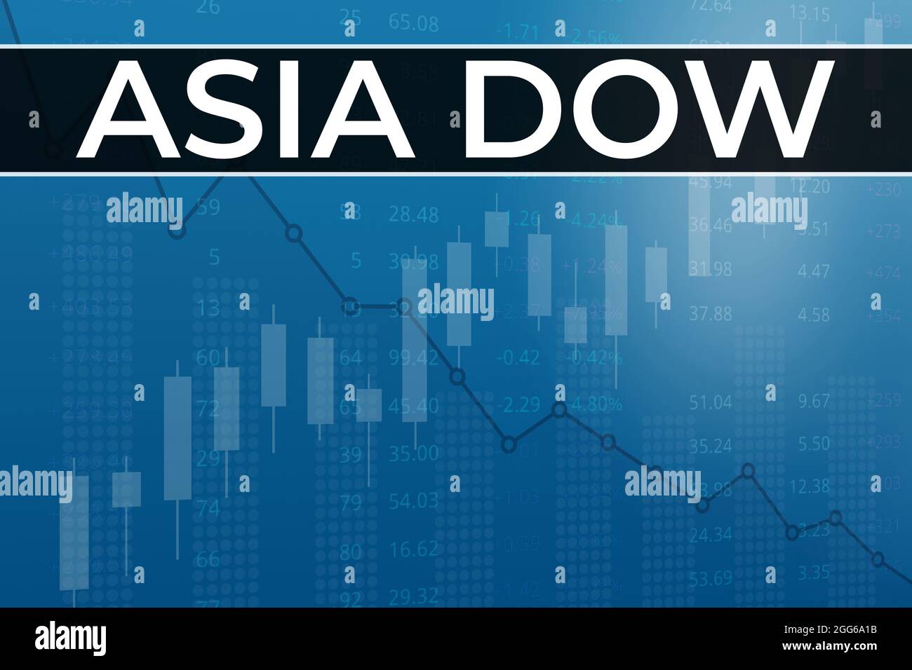 Indice boursier mondial Asie Dow USD (ticker ADOW) sur fond financier bleu  à partir de chiffres, graphiques, piliers, bougies. Tendance vers le haut  et vers le bas, plat. 3D i Photo Stock -