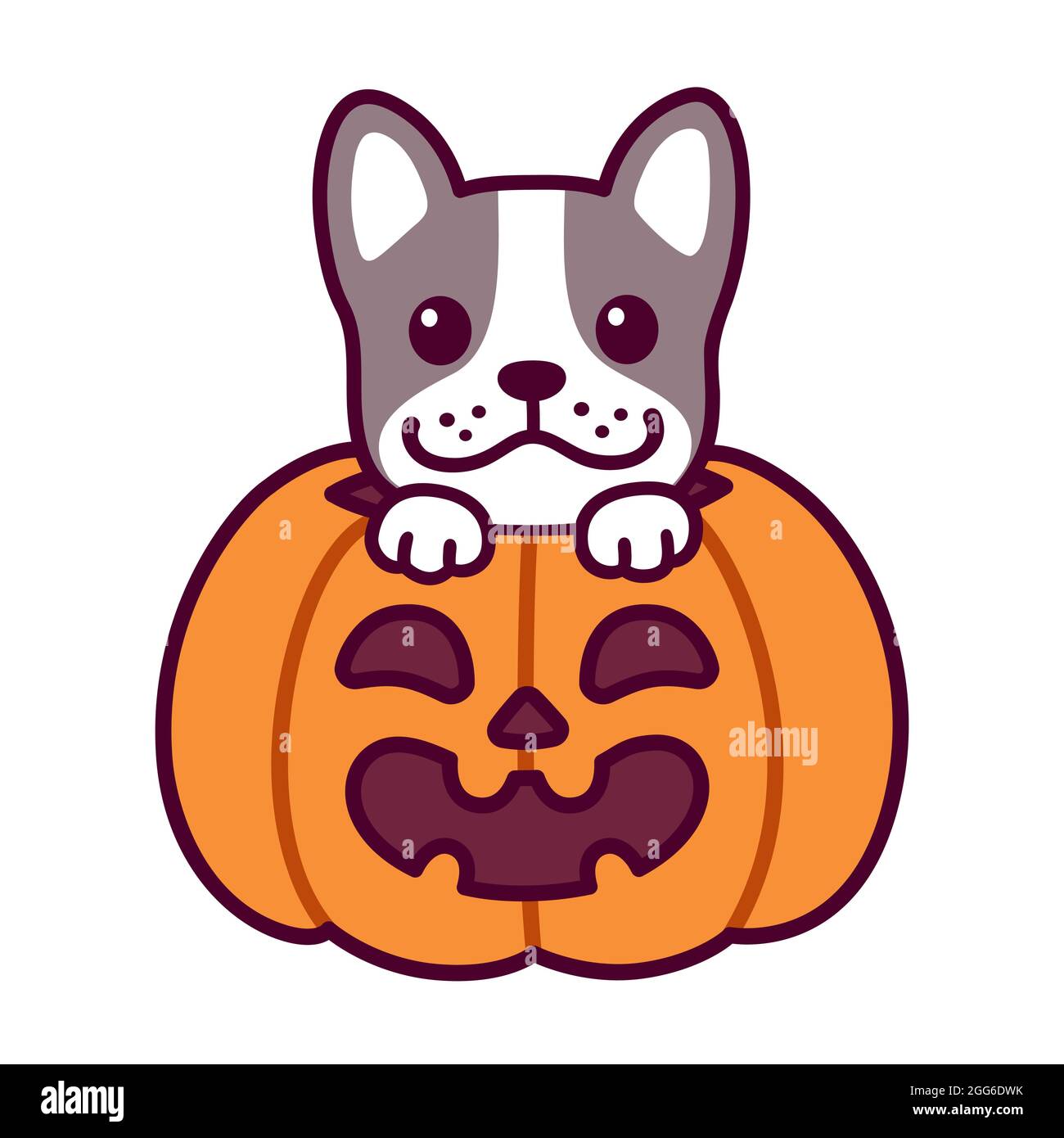 Trick or Treat. Adorable chien de taureaux français en citrouille d'Halloween. Dessin de chien kawaii, illustration vectorielle amusante. Illustration de Vecteur