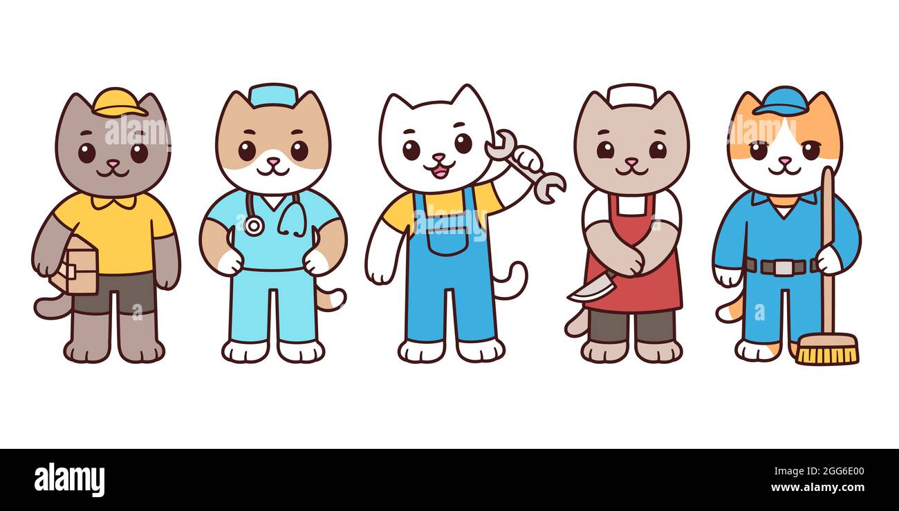 Personnages de chat mignon de dessin animé de différentes professions. Dessin drôle de main-d'œuvre essentielle de dessin. Illustration de clip art vectoriel. Illustration de Vecteur