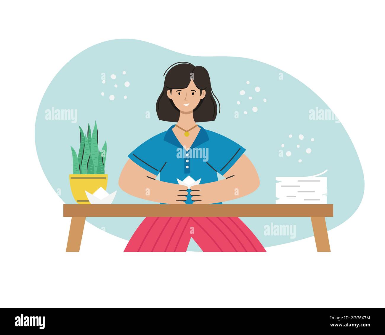 Une fille fait l'origami à partir de papier à la table. Activité créative. Illustration de Vecteur