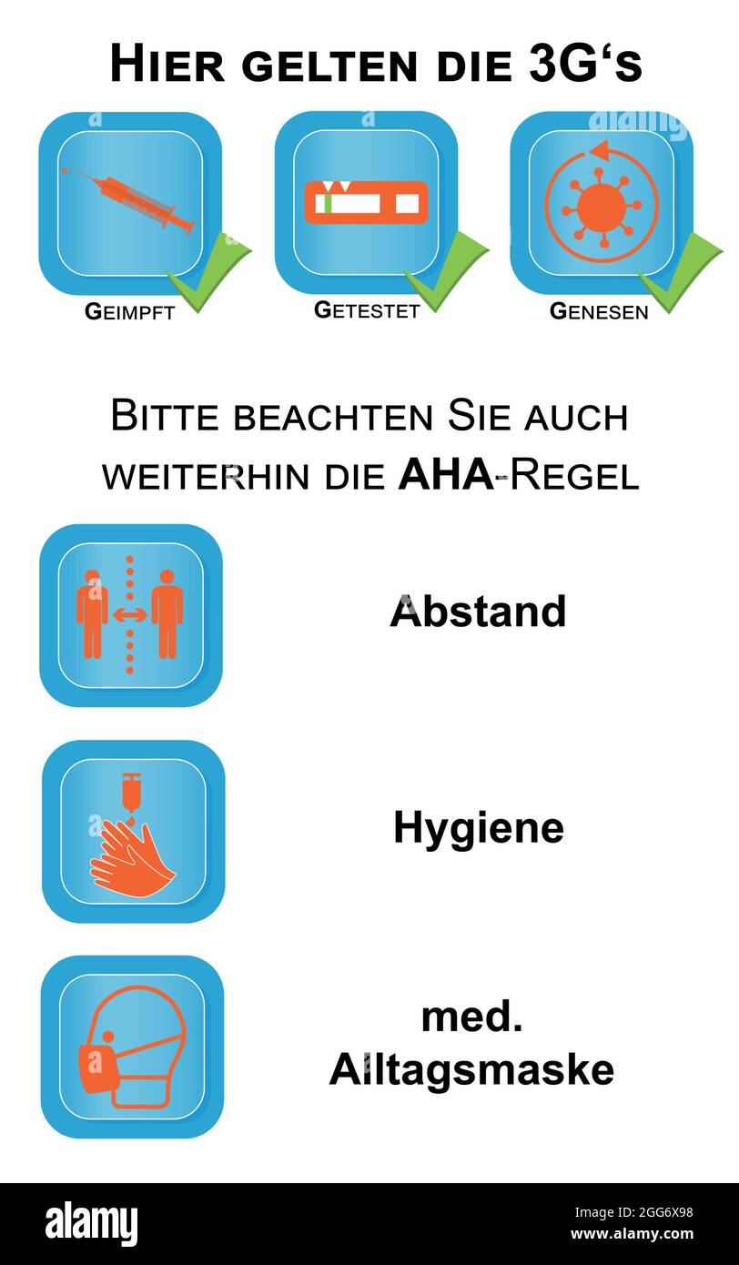 Signes d'information avec les 3 G et la règle AHA, fichier vectoriel. Texte en allemand (vacciné, testé, récupéré, distance, hygiène, mas médical de tous les jours Illustration de Vecteur Signes d'information avec les 3 G et la règle AHA, fichier vectoriel. Texte en allemand (vacciné, testé, récupéré, distance, hygiène, mas médical de tous les jours Illustration de Vecteur