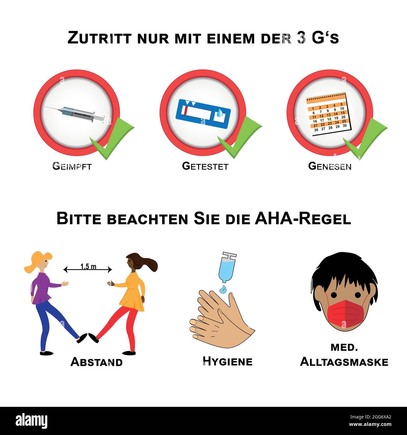 Signez avec les 3 G et la règle AHA contre Covid-19. Texte en allemand (accès uniquement avec l'un des 3G, vacciné, testé, récupéré), (Veuillez noter Illustration de Vecteur Signez avec les 3 G et la règle AHA contre Covid-19. Texte en allemand (accès uniquement avec l'un des 3G, vacciné, testé, récupéré), (Veuillez noter Illustration de Vecteur